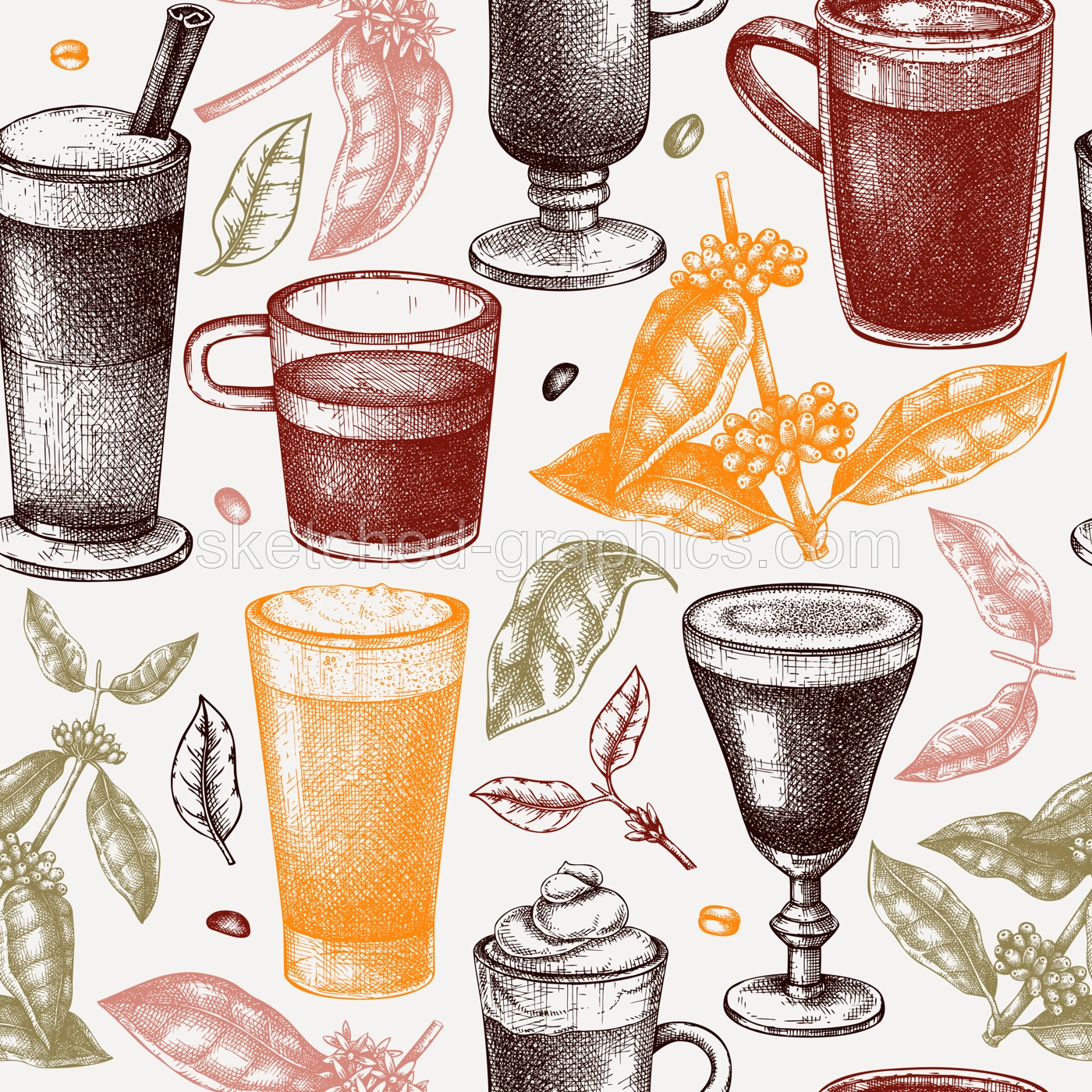 Hand-sketched coffee seamless pattern. Vector sketches of mugs with aromatic caffeine drinks background. With botanical coffee plants, leaves, and beans in vintage style. Vector beverages backdrop Illustration